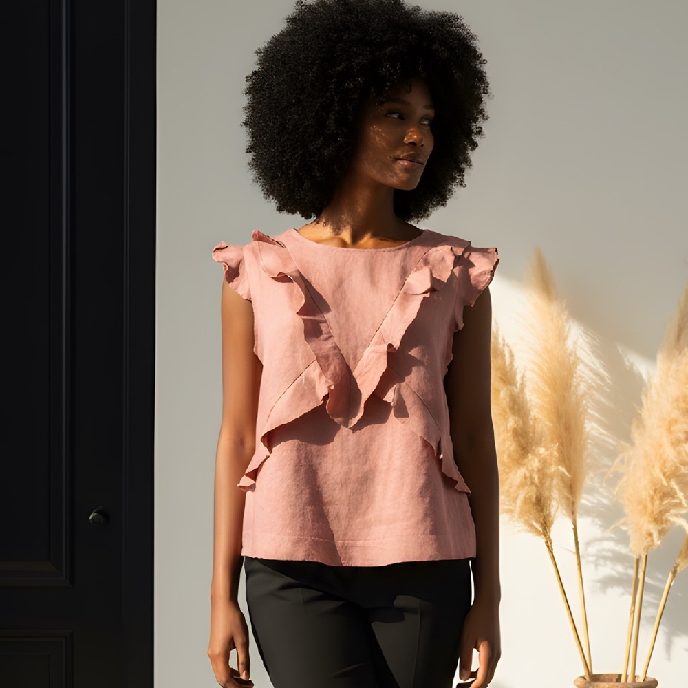 NWT Harve’ Bernard SZ M salmon pink 100% linen rear button top, ruffle accents